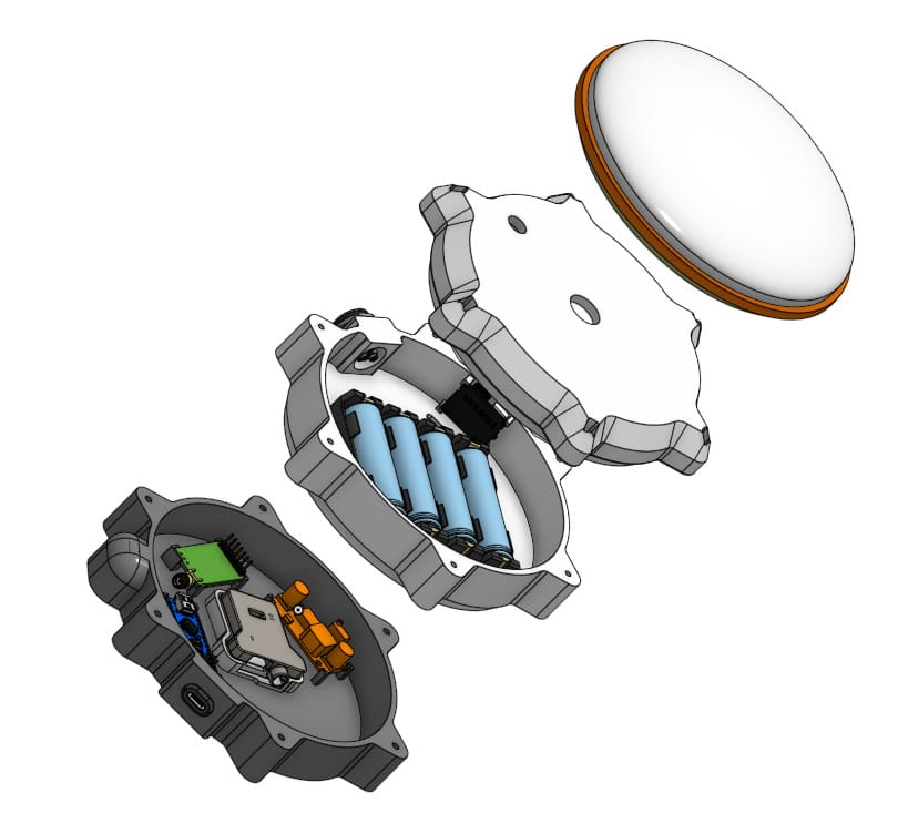 Exploded CAD view of the three-part enclosure: antenna mount, battery section, electronics case.