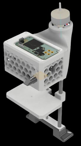 3D model of a rotor module, with the UWB board in its printed case.